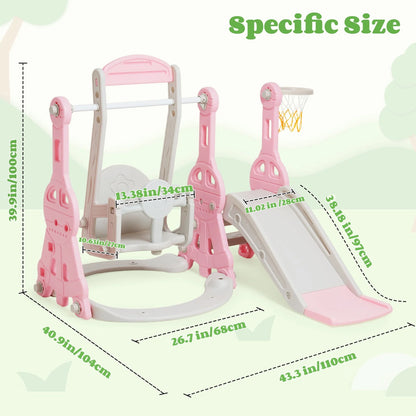 Ealing   4 in 1  Slide and Swing Set for Toddler  Indoor and Outdoor Baby Slide Climber Playset  with Basketball Hoop &  Backyard Playground Swing Slide for Boys and Girl Slide length: 11.02' L Pink