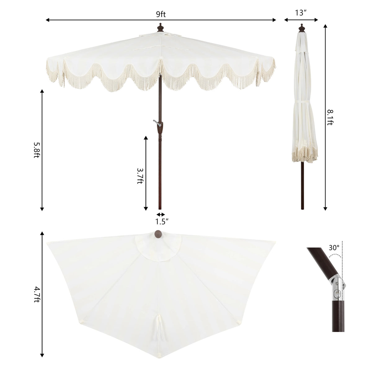 JONATHAN Y Beverly 9 ft. Half Market Patio Umbrella, Designer Classic Scalloped Fringe with Crank, Tilt Button and UV Protection, Blue/White/Cream, Dark Brown Pole