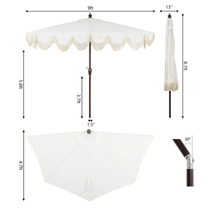 JONATHAN Y Beverly 9 ft. Half Market Patio Umbrella, Designer Classic Scalloped Fringe with Crank, Tilt Button and UV Protection, Blue/White/Cream, Dark Brown Pole