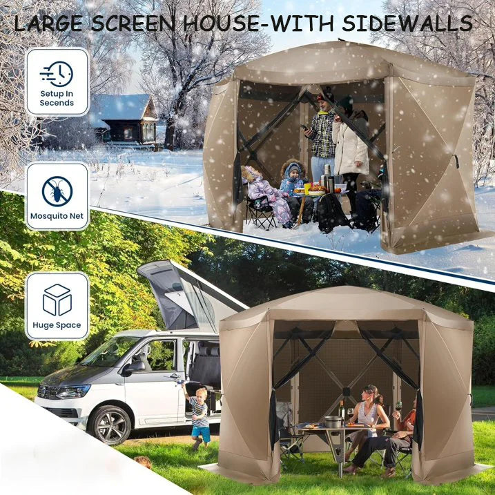 COBIZI 12x12 Pop Up Canopy Gazebo, Outdoor Canopy Tent Screen House with 5 sidewalls and Netting for Camping, Waterproof, UV Resistant, Ez Set-up Party Tent with Carrying Bag and Ground Stakes,Brown
