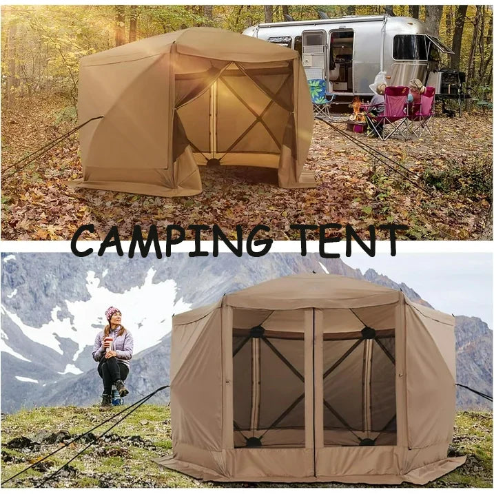 COBIZI 12x12 Pop Up Canopy Gazebo, Outdoor Canopy Tent Screen House with 5 sidewalls and Netting for Camping, Waterproof, UV Resistant, Ez Set-up Party Tent with Carrying Bag and Ground Stakes,Brown