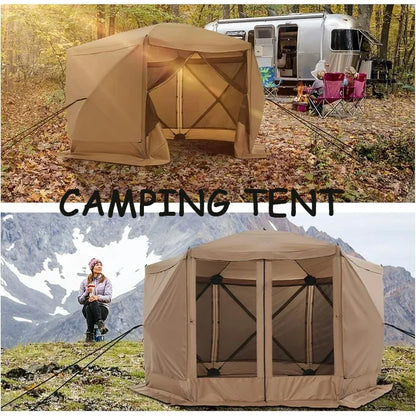 COBIZI 12x12 Pop Up Canopy Gazebo, Outdoor Canopy Tent Screen House with 5 sidewalls and Netting for Camping, Waterproof, UV Resistant, Ez Set-up Party Tent with Carrying Bag and Ground Stakes,Brown