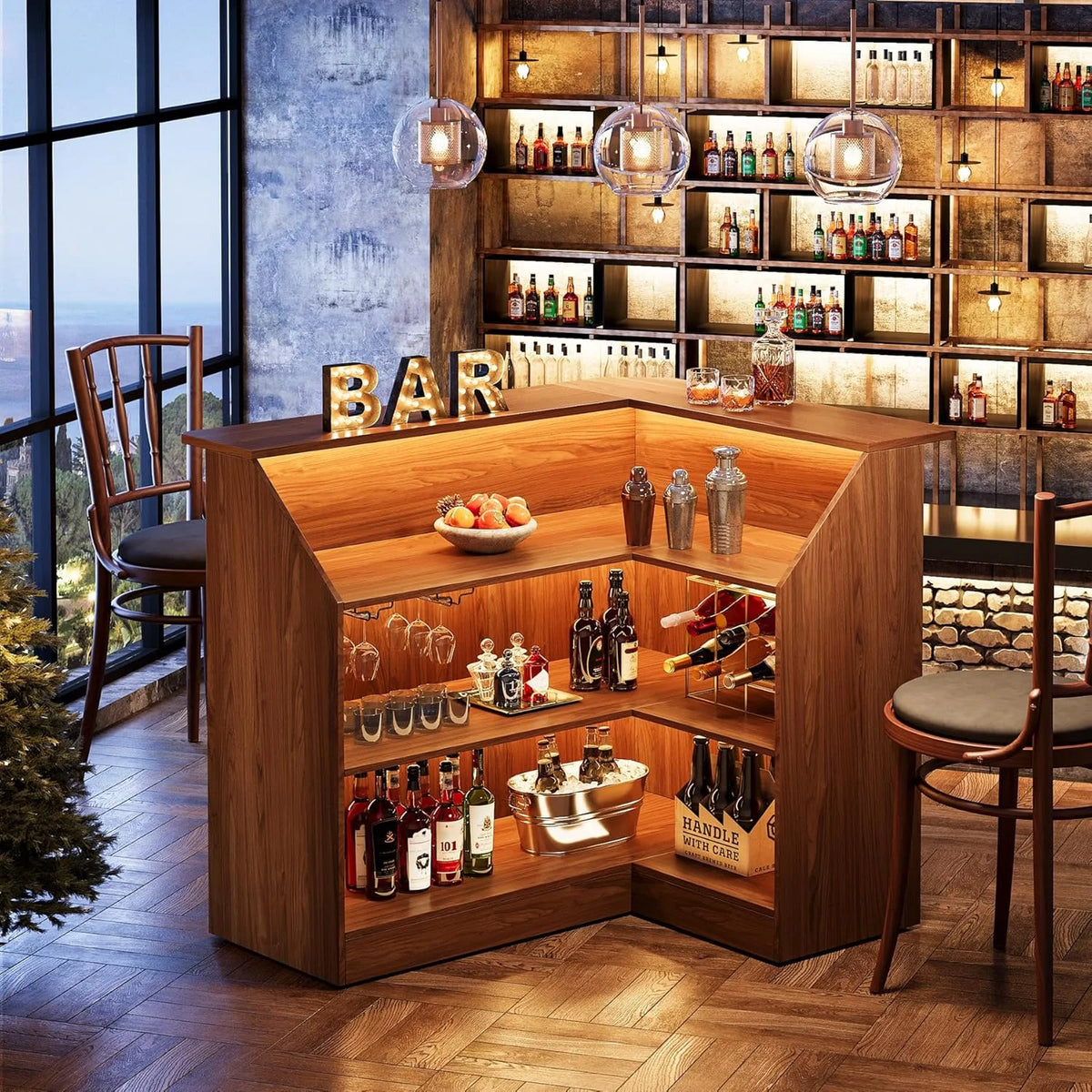 Tribesigns Bar Cabinet, L-Shaped Home Bar Table with Stemware Racks