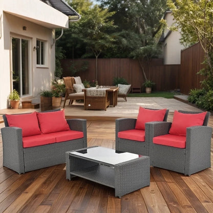 4 Pieces Patio Conversation Set, Outdoor Furniture Set with Cushion, Outside Sectional Rattan Wicker Sofa Furniture Set for Garden, Porch, Backyard, Gray