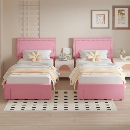 VECELO Full Bed Frame with 4 Storage Drawers (Wheeled) and Tufted Upholstered Adjustable Headboard Platform Bed, Beige