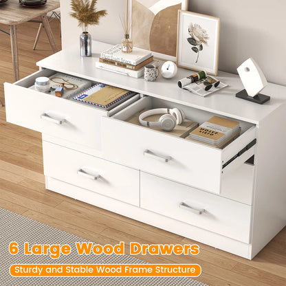 Winkalon 6 Drawer White Double Dresser, Wood Storage Cabinet with Easy Pull Out Handles for Living Room,Chest of Drawers for Bedroom