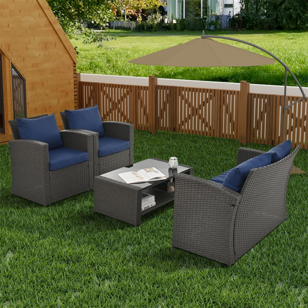 4 Pieces Patio Conversation Set, Outdoor Furniture Set with Cushion, Outside Sectional Rattan Wicker Sofa Furniture Set for Garden, Porch, Backyard, Gray