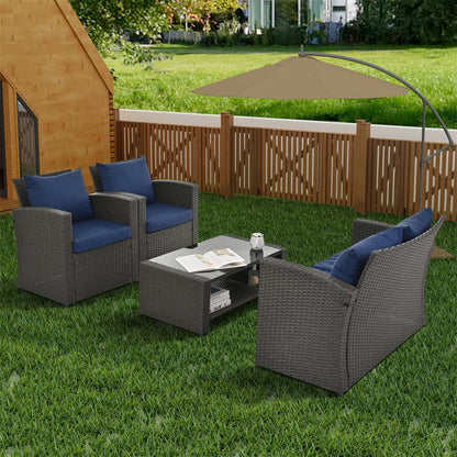 4 Pieces Patio Conversation Set, Outdoor Furniture Set with Cushion, Outside Sectional Rattan Wicker Sofa Furniture Set for Garden, Porch, Backyard, Gray