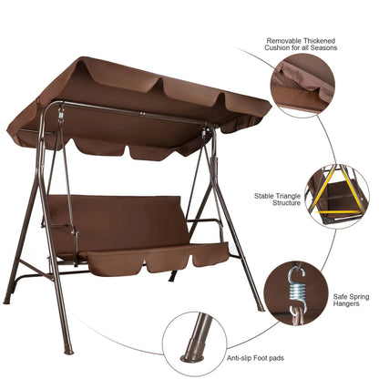 GVDV 3-Seat Steel Porch Paito Swing with Stand,Outdoor Swing Chair with Canopy,Yard swing&Outside swing,Canopy Swing-Brown
