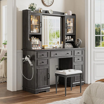 EnHomee Farmhouse Vanity Desk with Mirror and Lights White Vanity with Lighted Mirror Makeup Vanity Set with RGB Cabinets and Storage Drawers