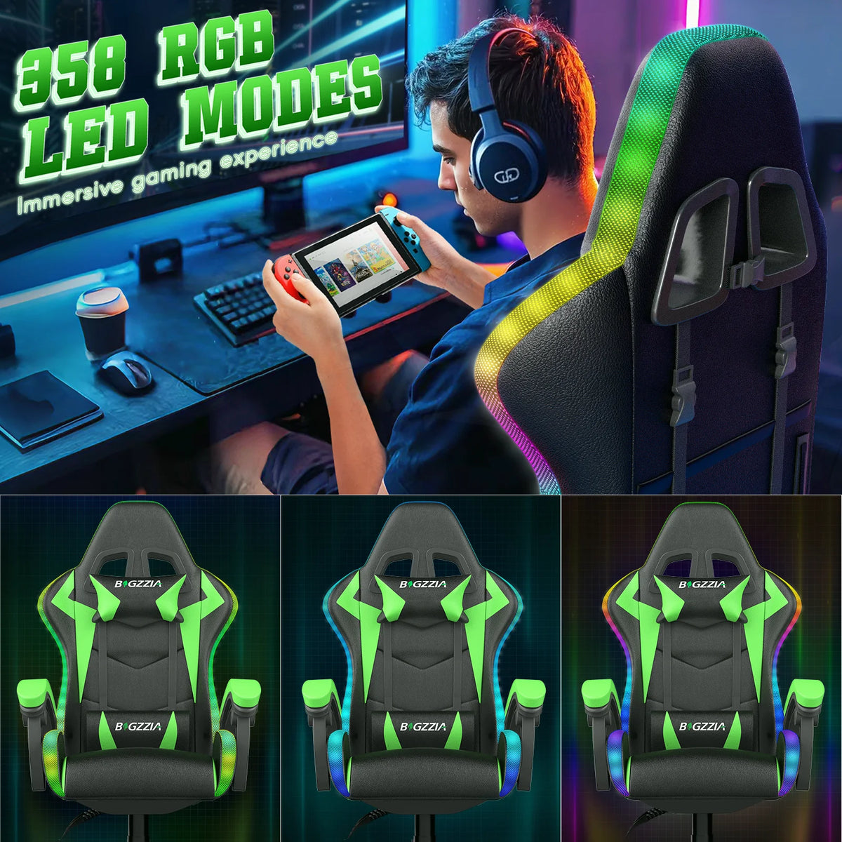 Bigzzia Gaming Chair with LED Lights Ergonomic Office Chair for Adults and Kids - Adjustable Height, 360�� Swivel, Headrest Support, Mesh PU Leather, Black & Green