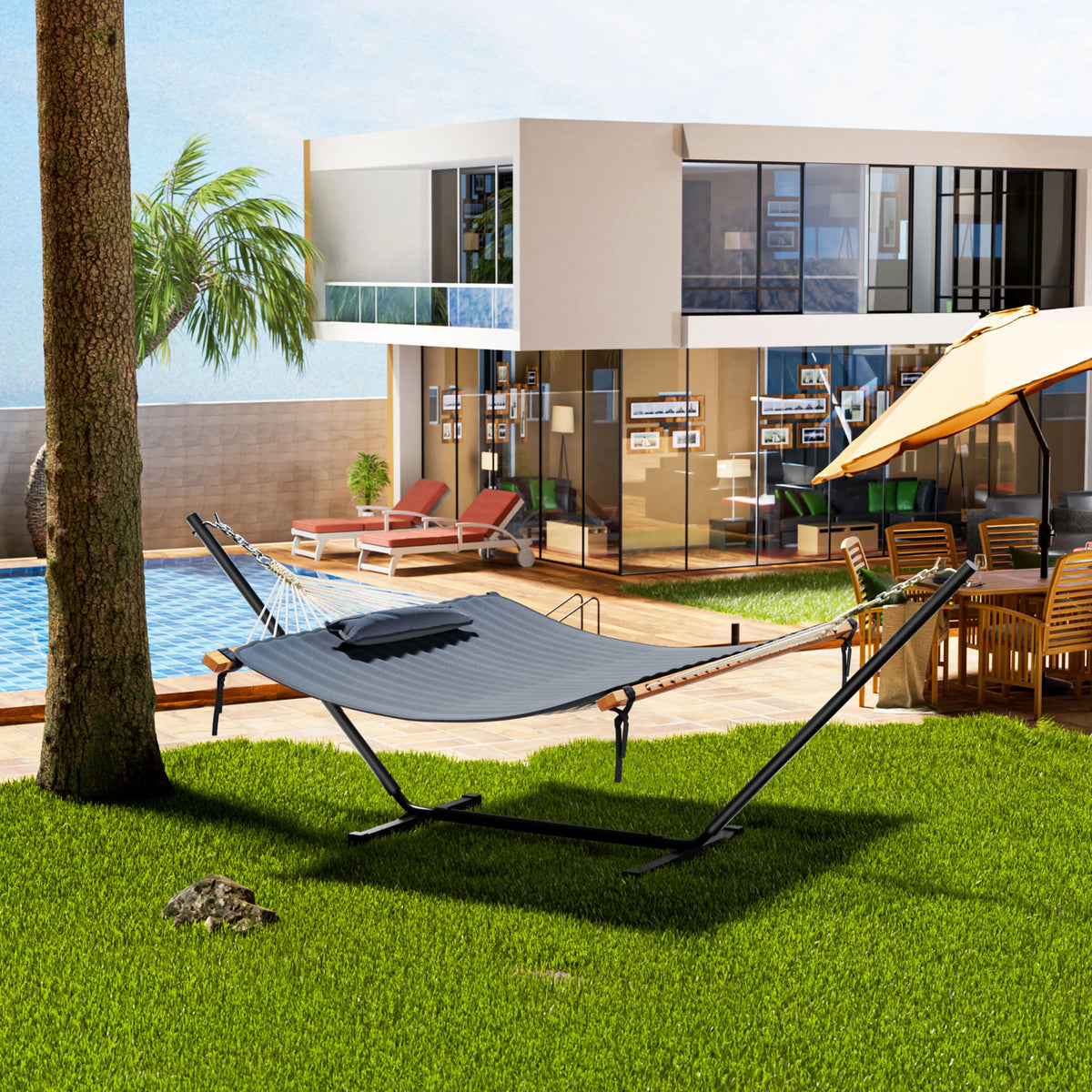 VEIKOUS 2-Person Hammock w/Metal Stand, Detachable Pad & Pillow 450lbs Weight Capacity, White