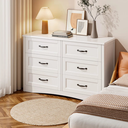 6 Drawer White Dresser,Lofka Modern Wood Double Chest, Versatile Dressers for Bedroom Office Living Room