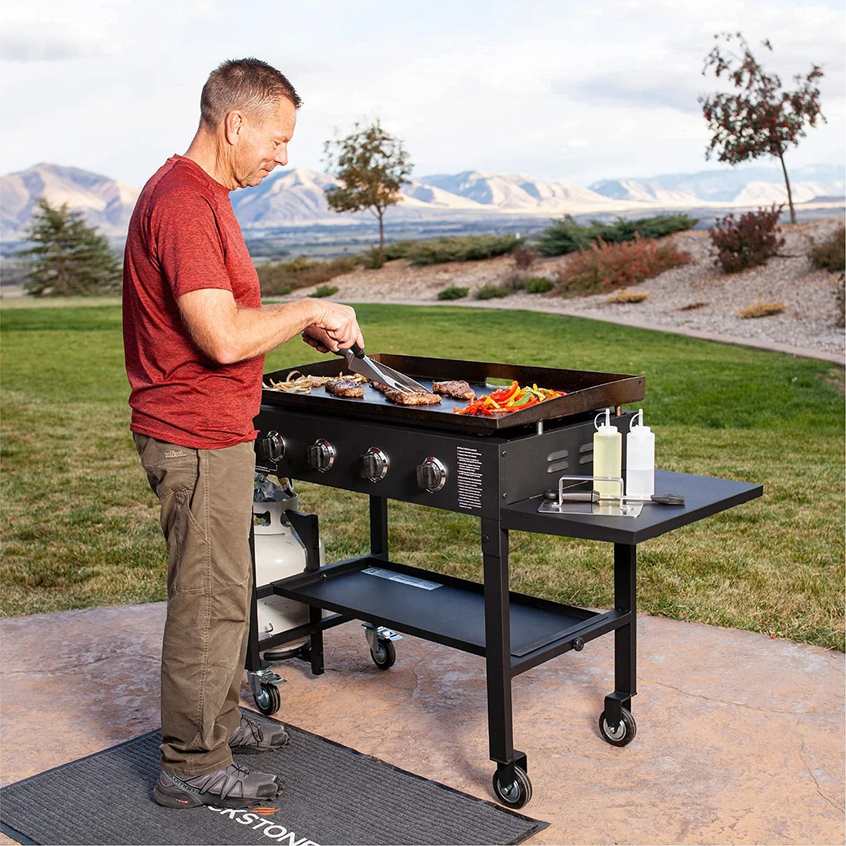 36 Inch Gas Griddle Cooking Station 4 Burner Flat Top Gas Grill Propane Fuelled Restaurant Grade Professional 36�� Outdoor Griddle Station with Side Shelf (1554)