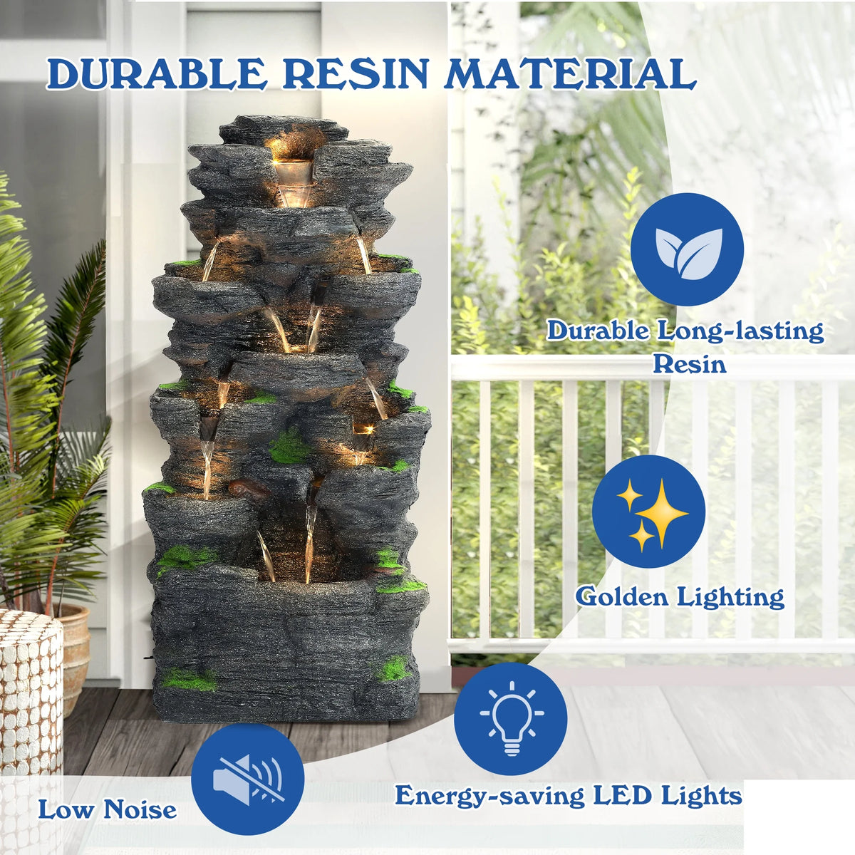 Magic Union 7-Tier Cascading Rock Water Fountain, 24" H Outdoor Freestanding Fountain with LED Lights and Pump, Outdoor Garden Waterfall Decor for Patio, Yard and Deck Decor, Natural Stone Look