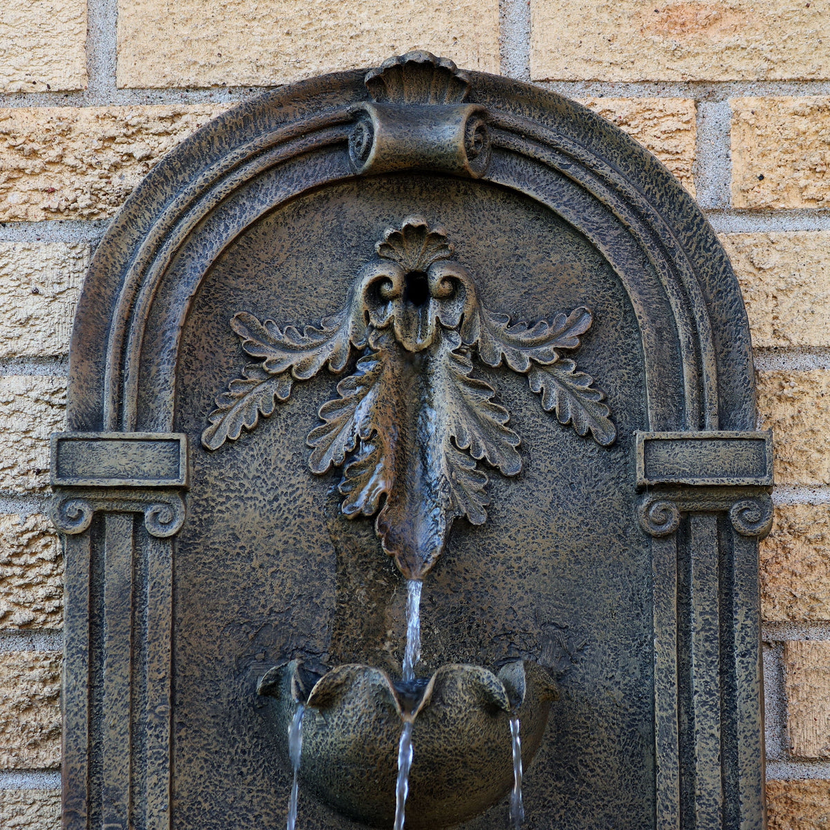 Sunnydaze 27"H Electric Polystone Florence Outdoor Wall-Mount Water Fountain, Florentine Stone Finish