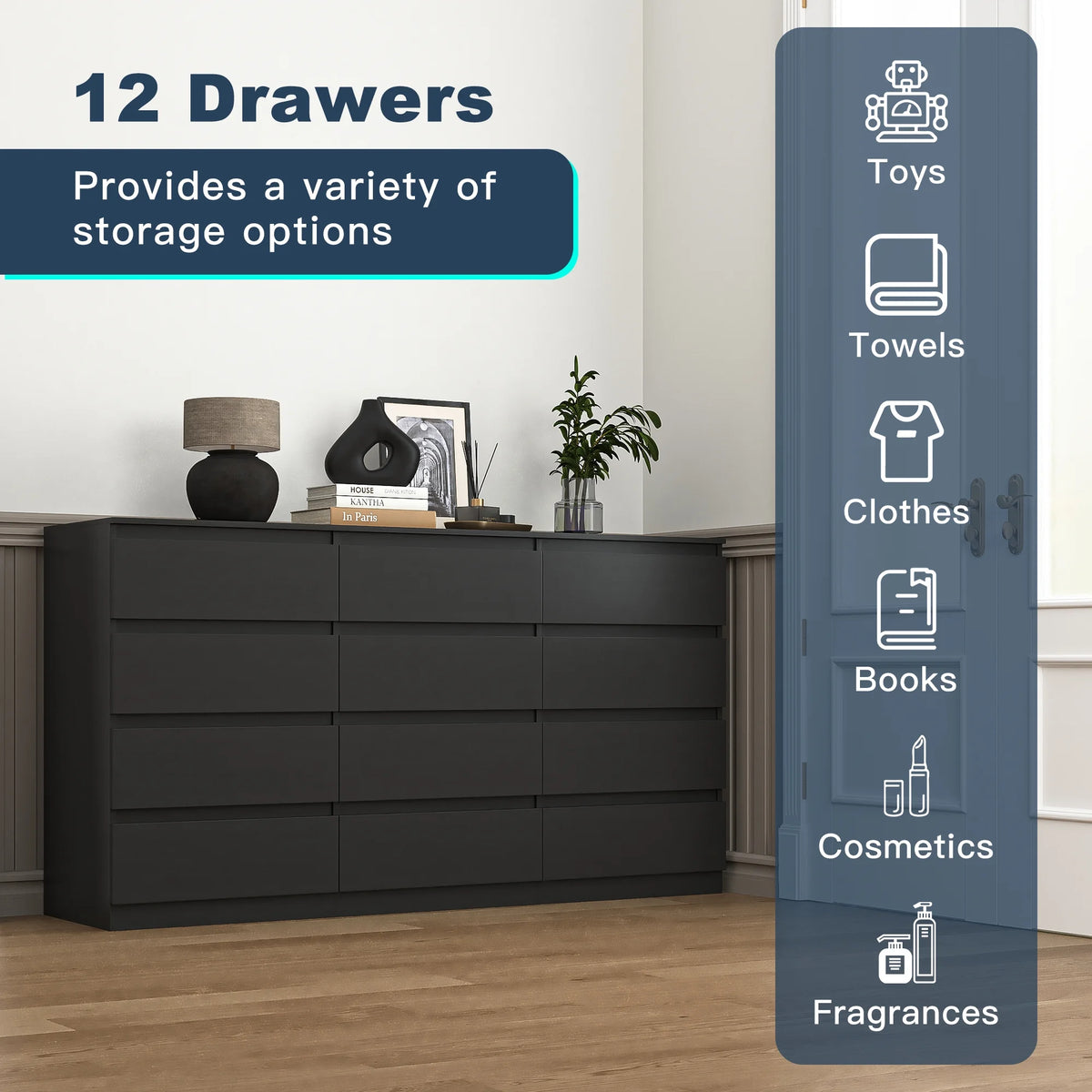 Kadyn White Chest of Drawer, 6 Double Drawer Dresser for Bedroom, Modern Storage Cabinet for Living Room, Dresser