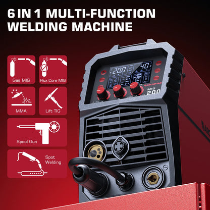 ARCCAPTAIN 6 in 1 MIG Welder Machine, 200A Gas Welders w/ Flux Core MIG/Stick/Lift TIG/Spot Welding/Spool Gun Function