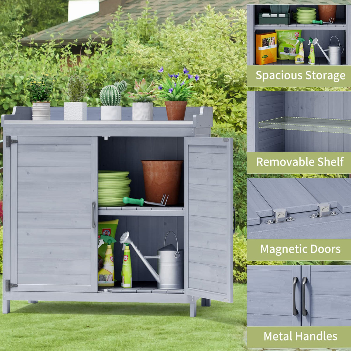 Lofka Outdoor Storage Cabinet, Outdoor Potting Bench Table with Removable Shelves for Yard, Garden,  Waterproof Wood