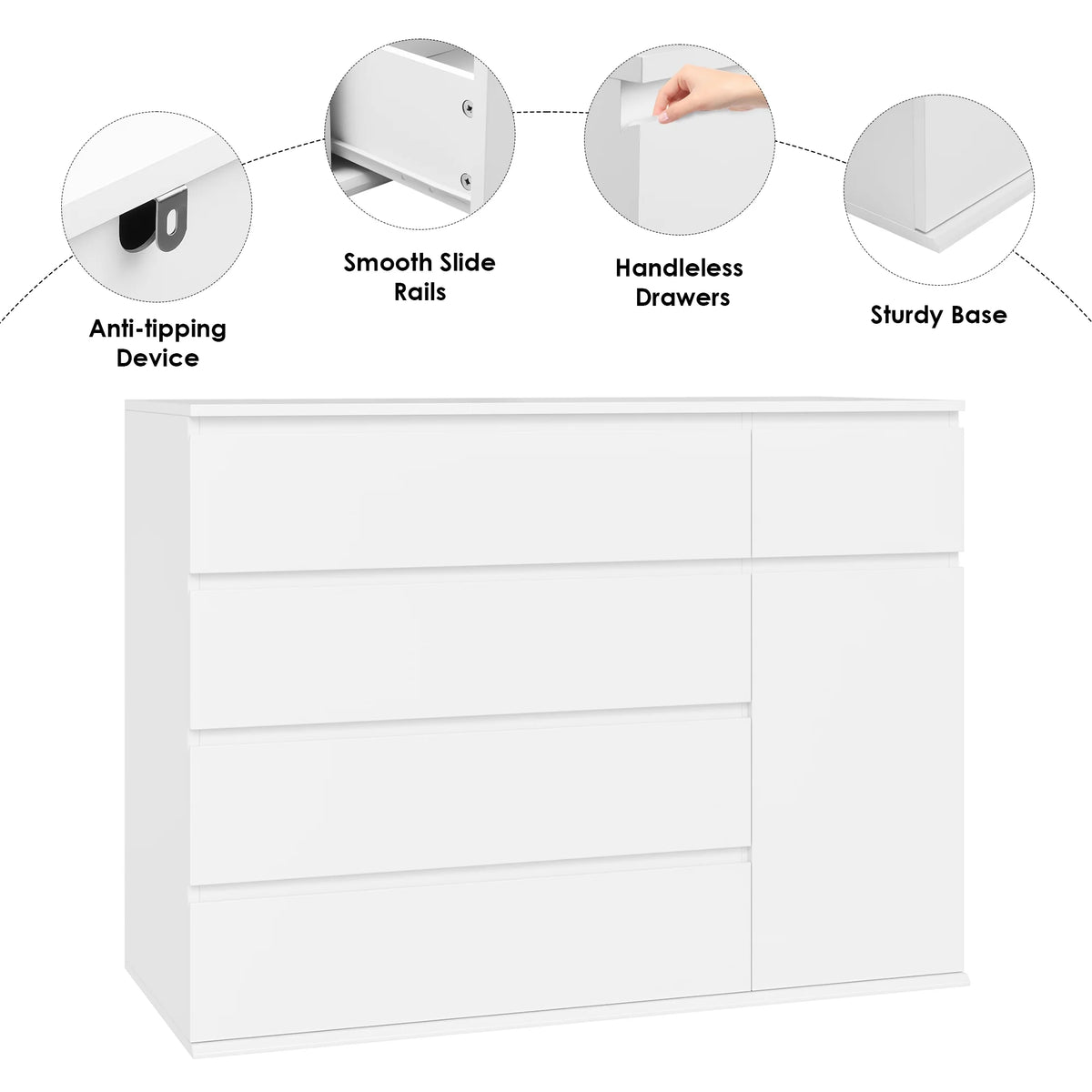 Homfa 5 Drawer White Dresser with Door, Modern Accent Storage Cabinet Chests of Drawers for Bedroom Living Room