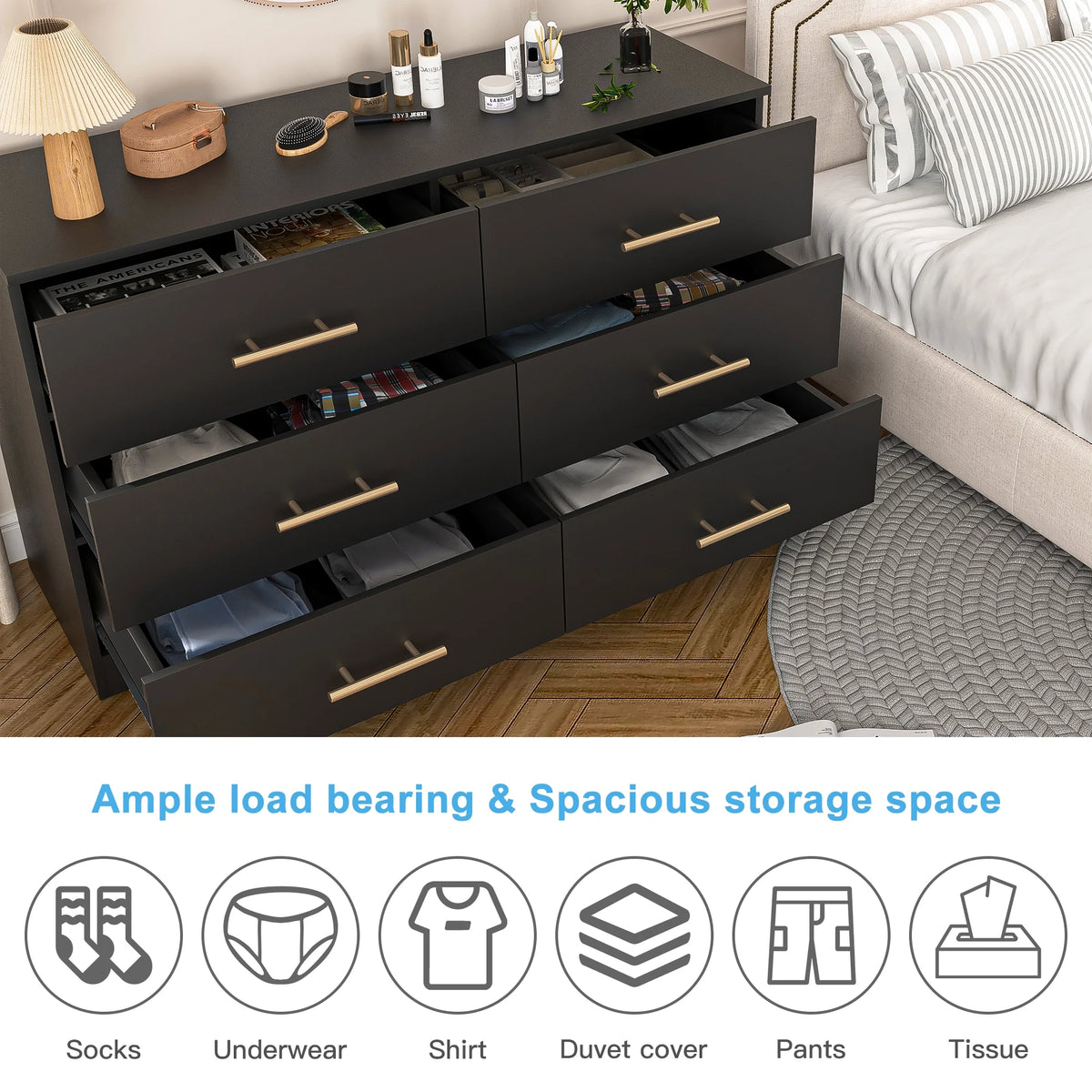 Kadyn White Chest of Drawer, 6 Double Drawer Dresser for Bedroom, Modern Storage Cabinet for Living Room, Dresser
