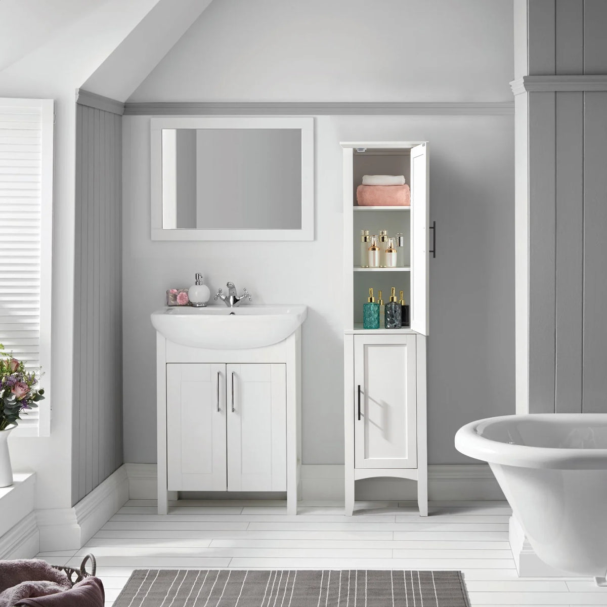 Ktaxon Bathroom Storage Cabinet Narrow Tall, Freestanding Cabinet Storage Tower with 2 Door, White