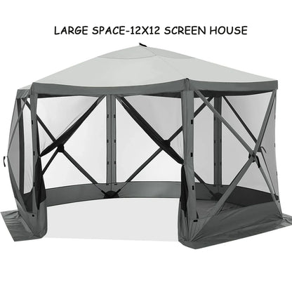 COBIZI 12x12 Pop Up Canopy Gazebo, Outdoor Canopy Tent Screen House with 5 sidewalls and Netting for Camping, Waterproof, UV Resistant, Ez Set-up Party Tent with Carrying Bag and Ground Stakes,Brown