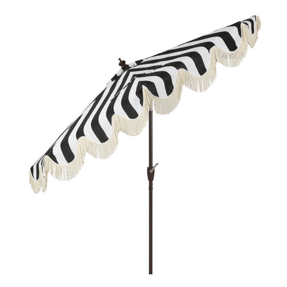 JONATHAN Y Beverly 9 ft. Half Market Patio Umbrella, Designer Classic Scalloped Fringe with Crank, Tilt Button and UV Protection, Blue/White/Cream, Dark Brown Pole