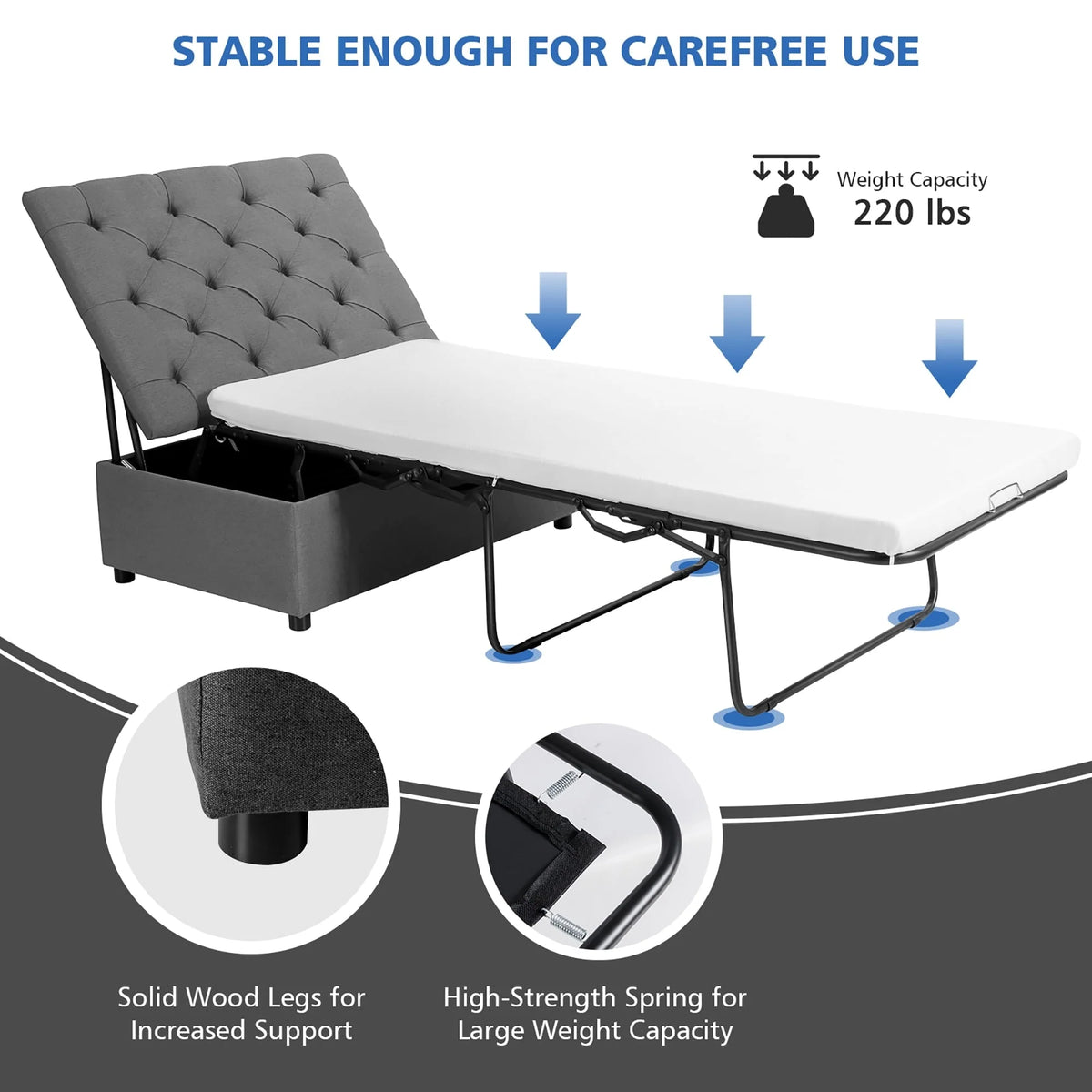 Costway Folding Ottoman Sleeper Bed with Mattress Convertible Guest Bed Grey