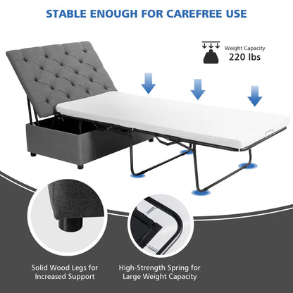 Costway Folding Ottoman Sleeper Bed with Mattress Convertible Guest Bed Grey