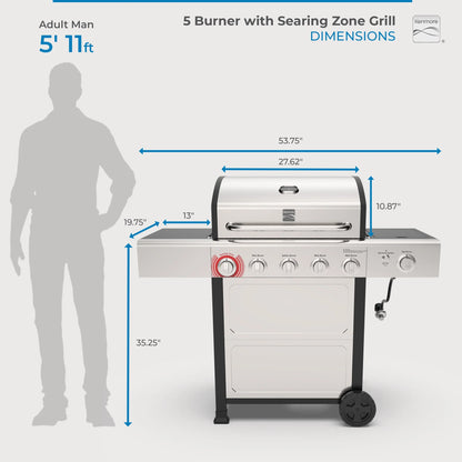 Kenmore BBQ Propane Gas Grill - 5 Burners with Side Burner & Searing Zone, 644 Sq. In. Stainless Steel Grill, 66,000 BTU, Ideal for Outdoor Cooking, Patio & Backyard, Black