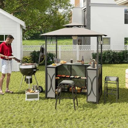 Aimee Lii 3-Piece Patio Bar Set Grill Patio Canopy & 2 Bar Stools with Tempered Glass Bar Table, Modern Patio Furniture for Outdoor Backyard Pool Deck-Brown