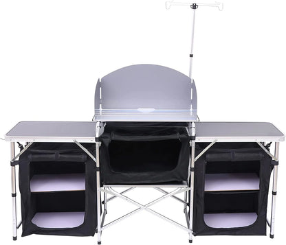 C Camping Kitchen Table, Folding Table, Upgrade Light Stand and Windshield Cooking Station & 3 Organizers, Carry Bag for Outdoor, Beach, BBQ, Picnic, Cooking, Indoor, Office