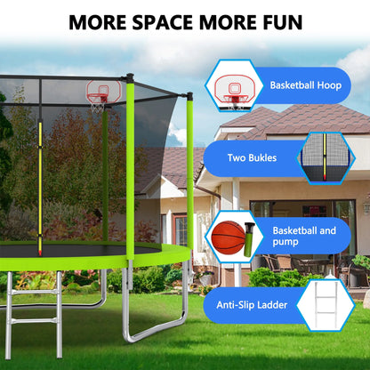 8FT Trampoline for Kids,Outdoor Trampoline with Basketball Hoop,Heavy-Duty Trampoline with Safety Enclosure Net,Blue