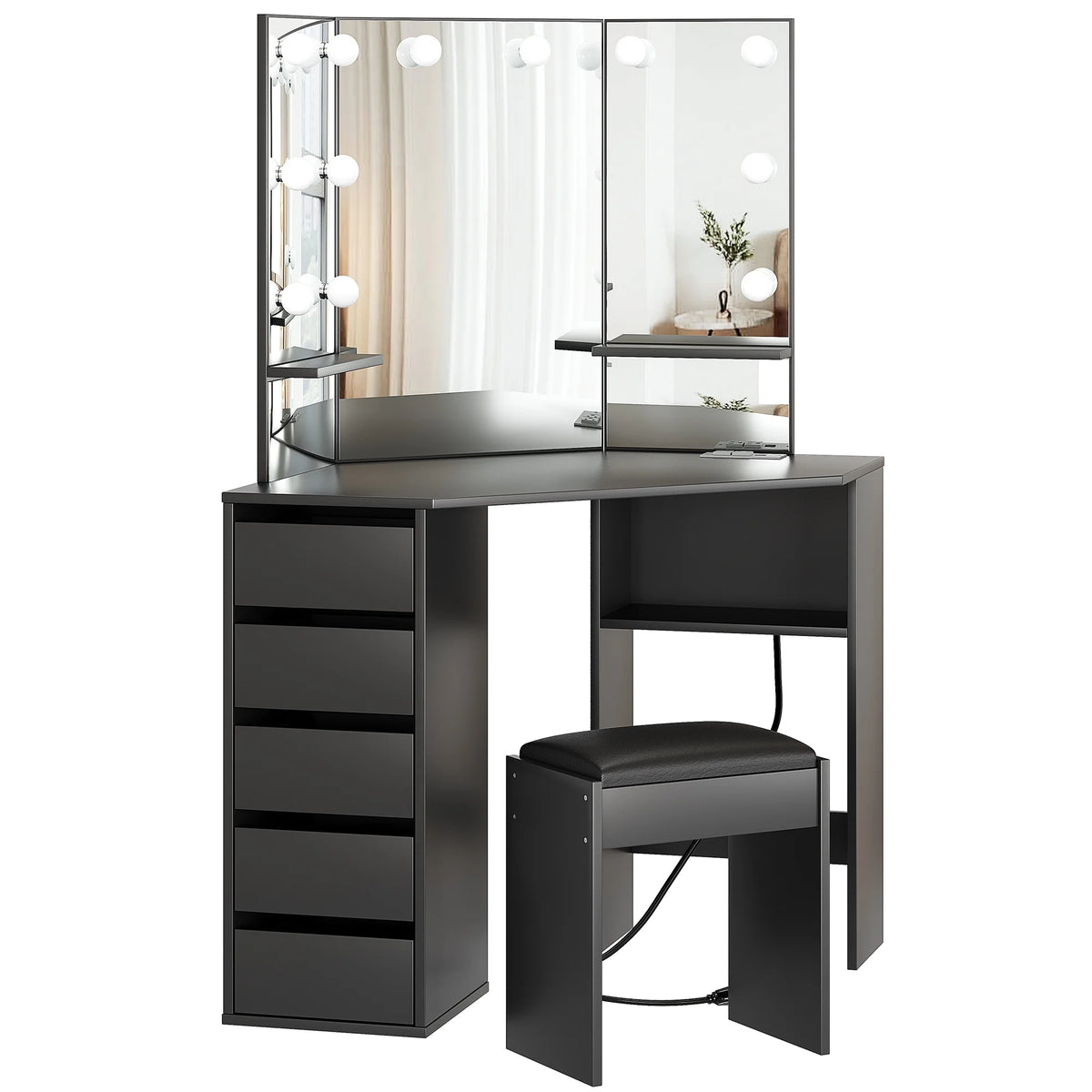 Danolapsi Corner Makeup Vanity Desk with Mirror and Lights,Bedroom Vanity Table with Lighted Mirror 5 Sliding Drawers and Storage Shelf for Women Girls(ship in 2 boxes)