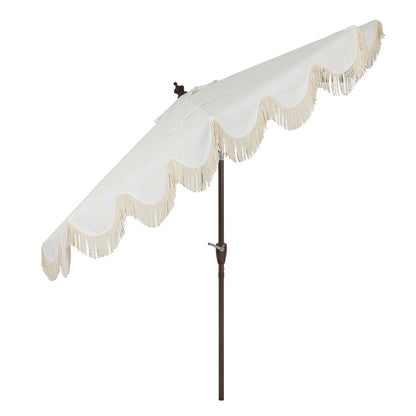 JONATHAN Y Beverly 9 ft. Half Market Patio Umbrella, Designer Classic Scalloped Fringe with Crank, Tilt Button and UV Protection, Blue/White/Cream, Dark Brown Pole