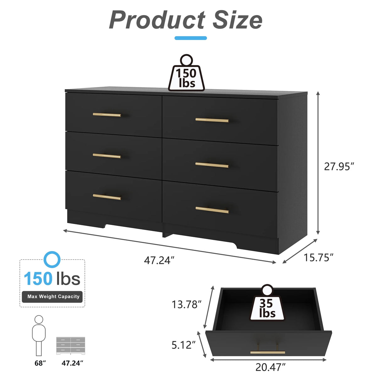Kadyn White Chest of Drawer, 6 Double Drawer Dresser for Bedroom, Modern Storage Cabinet for Living Room, Dresser