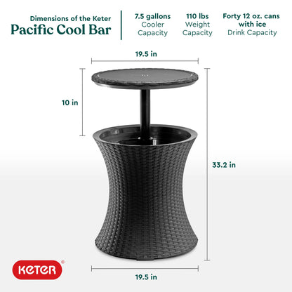 Keter Pacific 7.5 Gallon Cool Bar 2 in 1 Weather Resistant Side Table and Bar Durable Resin Outdoor Patio Beverage Cooler Table, Rattan Look Brown