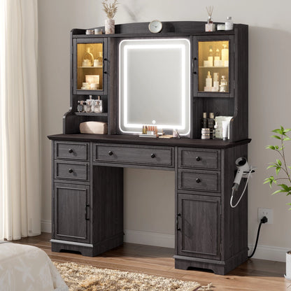 EnHomee Farmhouse Vanity Desk with Mirror and Lights White Vanity with Lighted Mirror Makeup Vanity Set with RGB Cabinets and Storage Drawers
