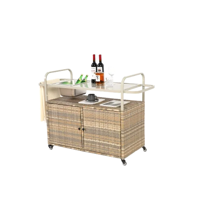 Yiweny Outdoor Rolling Wicker Bar Cart, Large Portable Outdoor Wicker Bar Table with Cabinet Storage and Glass Countertop, Patio Wicker Serving Bar Cart for Pool, Party, Backyard, Black