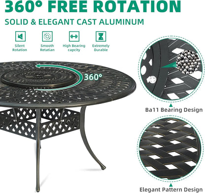 VIVIJASON Outdoor 61" Patio Dining Table for 6-8 Person, Large Patio Round Dining Table with 24" Lazy Susan, Dark Bronze Cast Aluminum Rustic Patio Table W/Umbrella Hole for Balcony, Porch and Deck