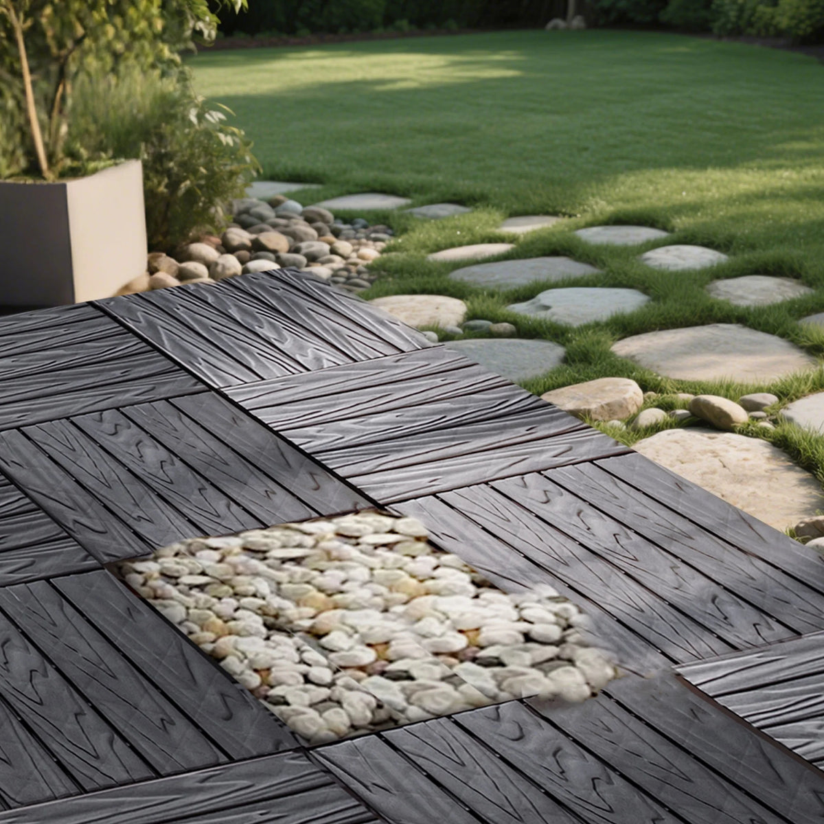 76 Pack Interlocking Deck Tiles, 11.42"x11.42", Polypropylene, Waterproof Outdoor Flooring, 3D Wood Grain Plastic, for Patio, Balcony, Backyard