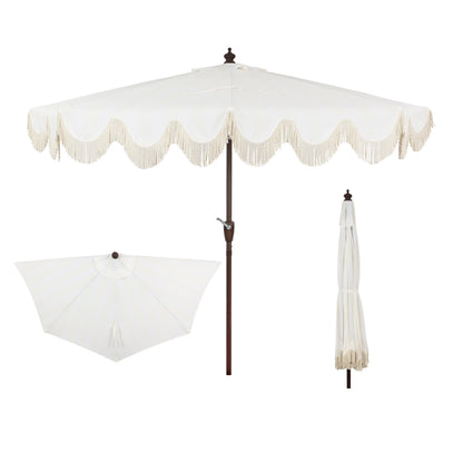 JONATHAN Y Beverly 9 ft. Half Market Patio Umbrella, Designer Classic Scalloped Fringe with Crank, Tilt Button and UV Protection, Blue/White/Cream, Dark Brown Pole