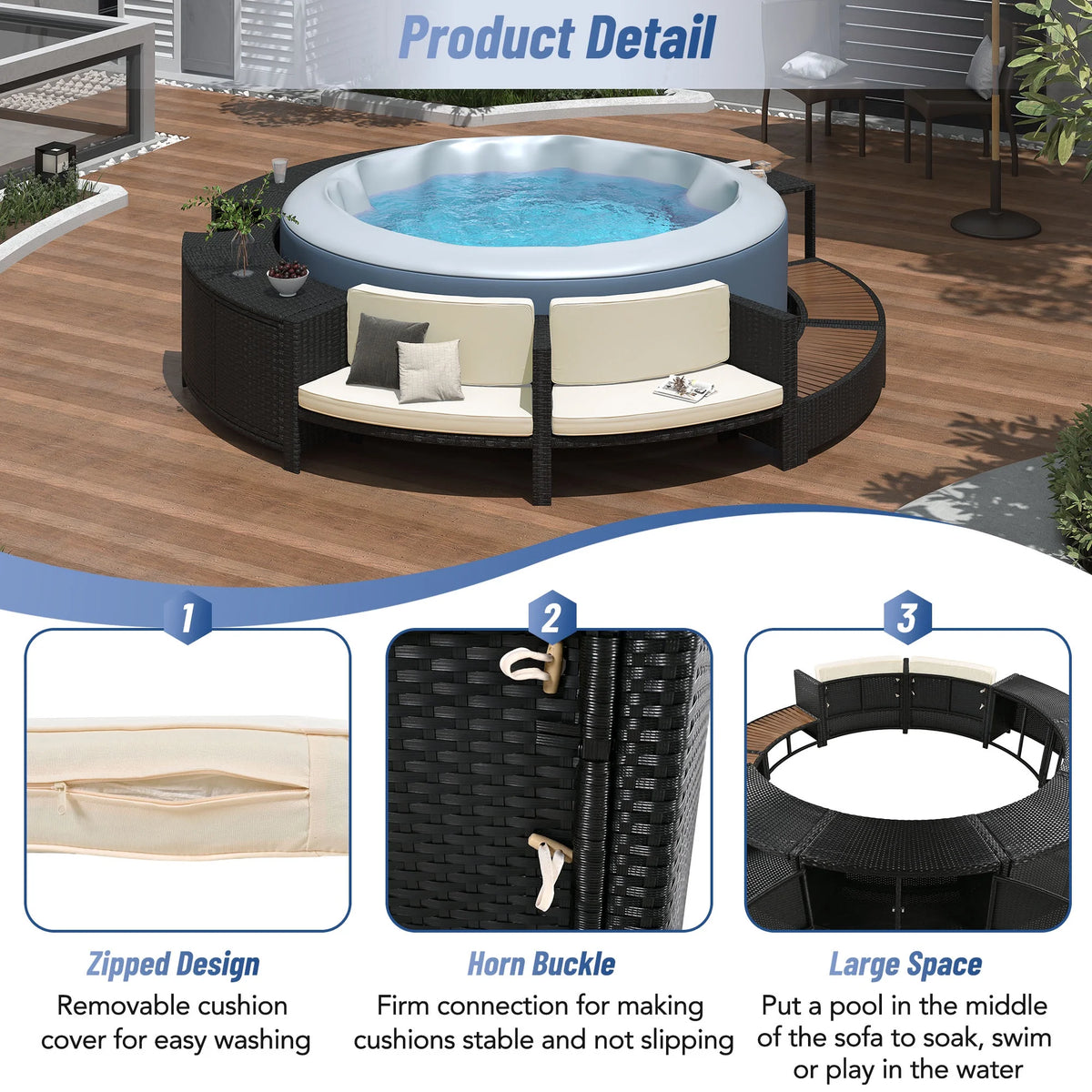 Round Hot Tub Surround Furniture, Spa Surround Outdoor Rattan Sectional Sofa Set with Mini Sofa, Solid Acacia Wood Hot Tub Storage Surround Patio Furniture Set, Gray Cushion