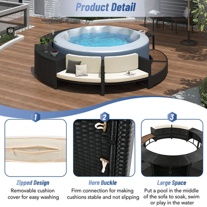 Round Hot Tub Surround Furniture, Spa Surround Outdoor Rattan Sectional Sofa Set with Mini Sofa, Solid Acacia Wood Hot Tub Storage Surround Patio Furniture Set, Gray Cushion