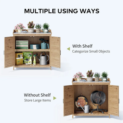 Lofka Outdoor Storage Cabinet, Outdoor Potting Bench Table with Removable Shelves for Yard, Garden,  Waterproof Wood