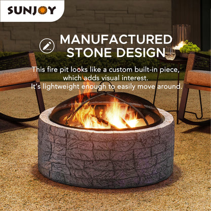 Sunjoy Stone Fire Pit 26 Inch, Outdoor Round Wood Burning Fire Pits with Spark Screen and Poker  Grey