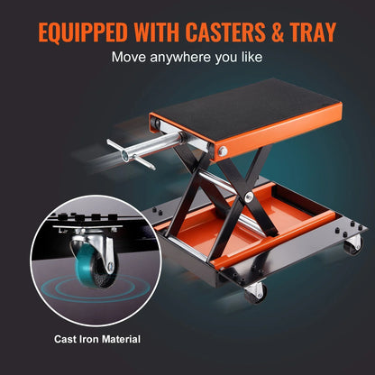 HCY Motorcycle Lift, 1100 LBS Motorcycle Lift ATV Scissor Lift Jack with Dolly & Hand Crank, Center Hoist Crank Stand with Wide Deck & Tool Tray for Street Bikes, Cruiser Bikes, Touring Motorcycles