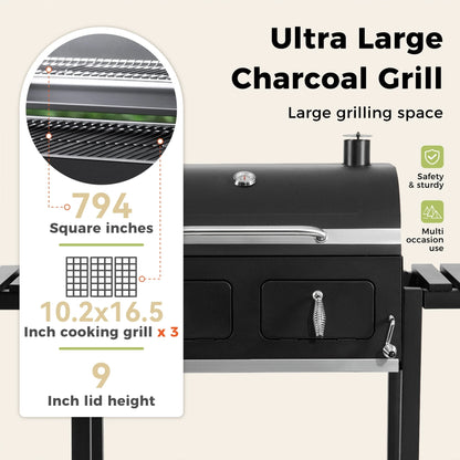 Extra Large Charcoal BBQ Grill with 794 sq. in. Cooking Area, Dual Lifting Charcoal Trays & Foldable Side Tables