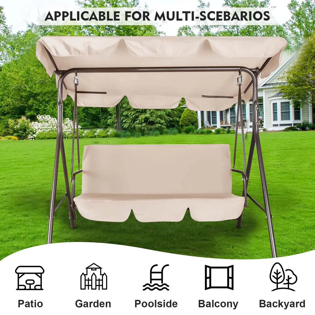 GVDV 3-Seat Steel Porch Paito Swing with Stand,Outdoor Swing Chair with Canopy,Yard swing&Outside swing,Canopy Swing-Brown